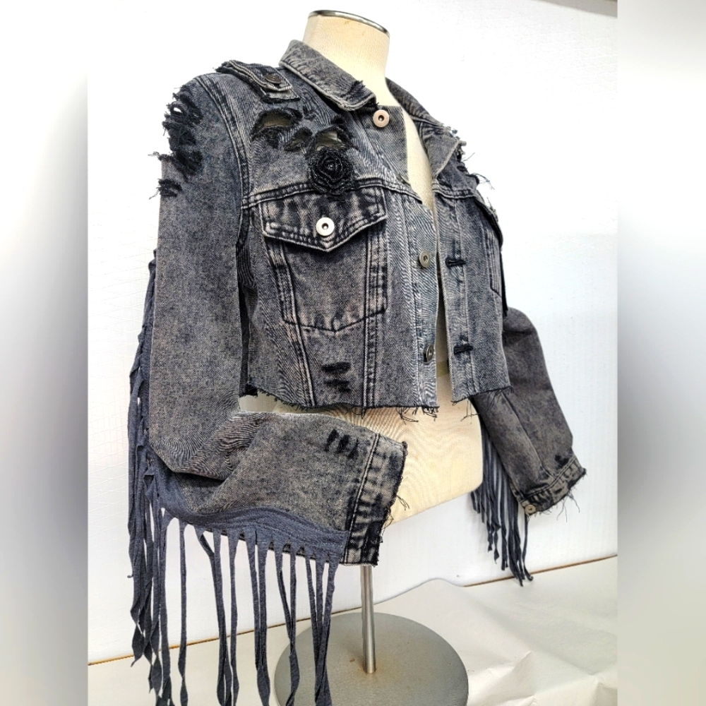 Rock Gothic Jean Jacket With Ed Hardy Eagle Graphics Upcycled Renewed - Picture 6 of 12
